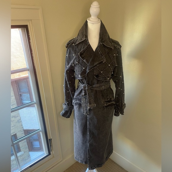 Athina Jackets & Blazers - Distressed Denim Trench Coat, Black /Gry. w/ Pearl & Silver Accents, S, M , L‎
